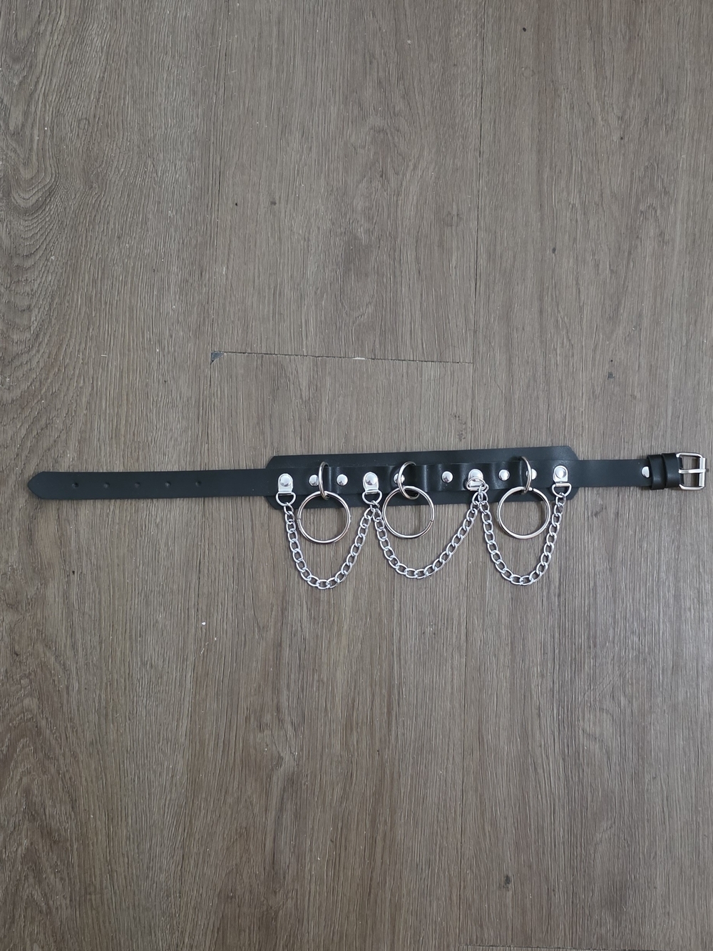 Black Faux Leather Chain Belt with Silver Rings